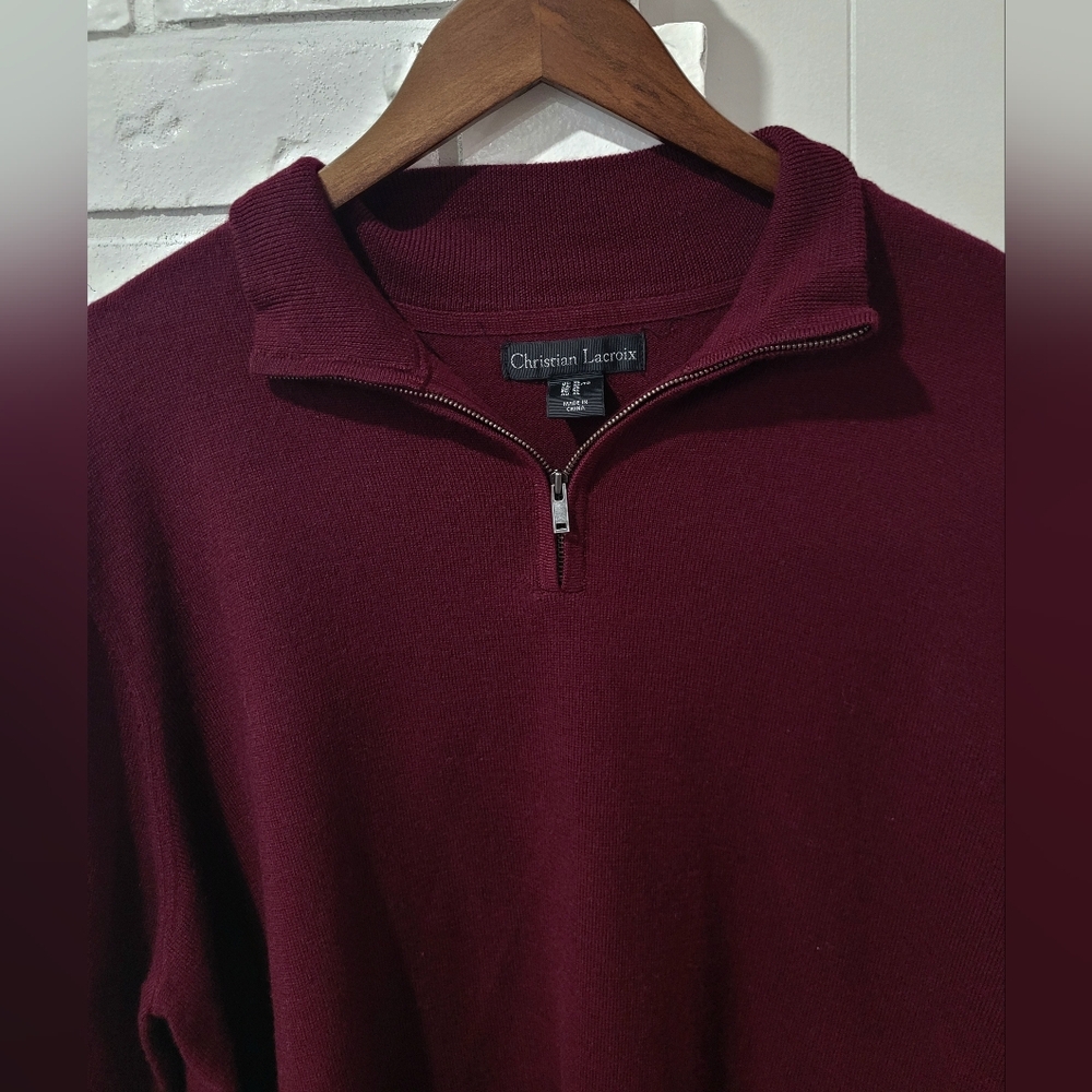 Christian Lacroix Men's Deep Red Zip Up Sweater, 100% Merino Wool